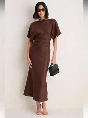 New STAUD Amelie Dark Oak Ruched Linen Blend Dress - Size XS